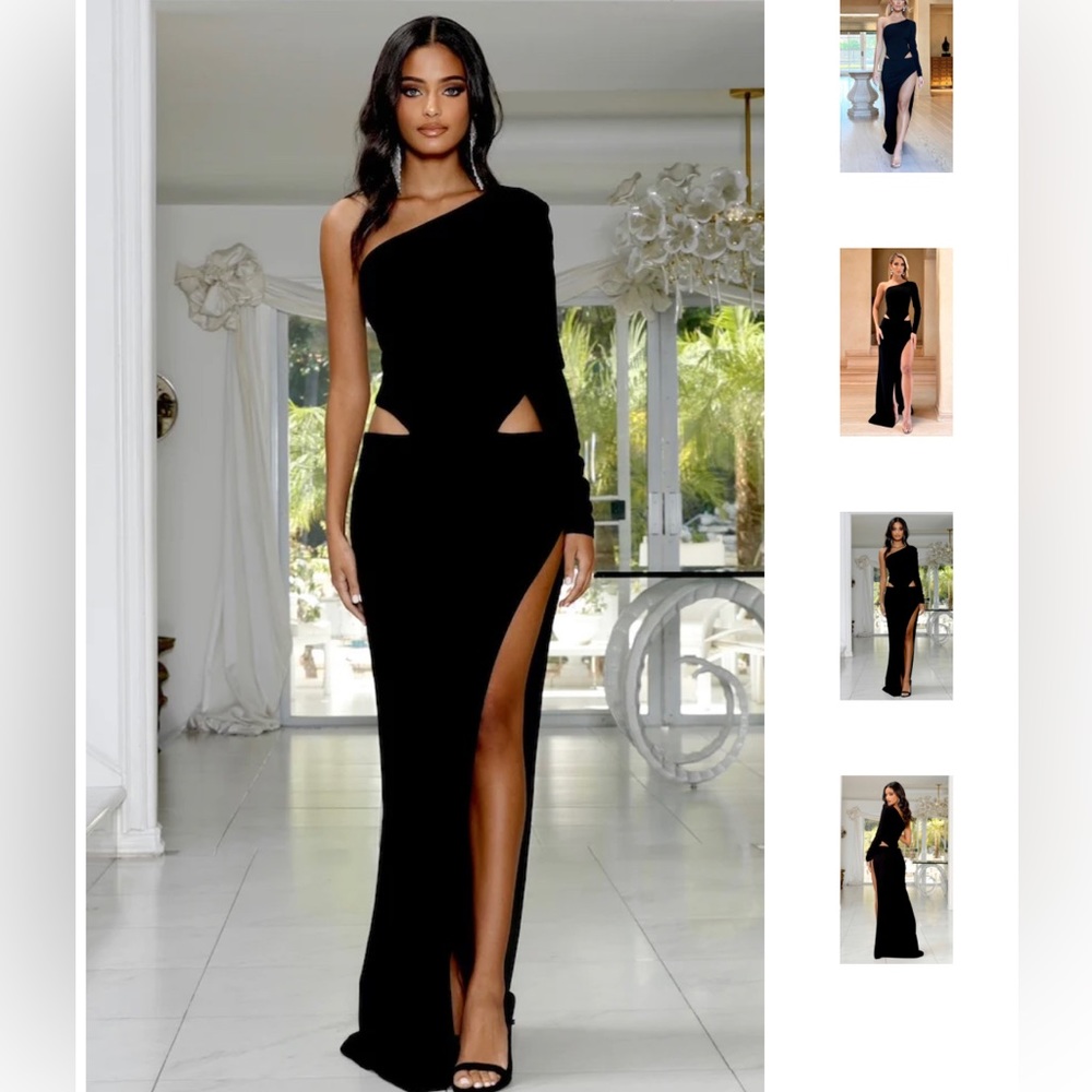 Gigi black one long sleeve gown with long slit